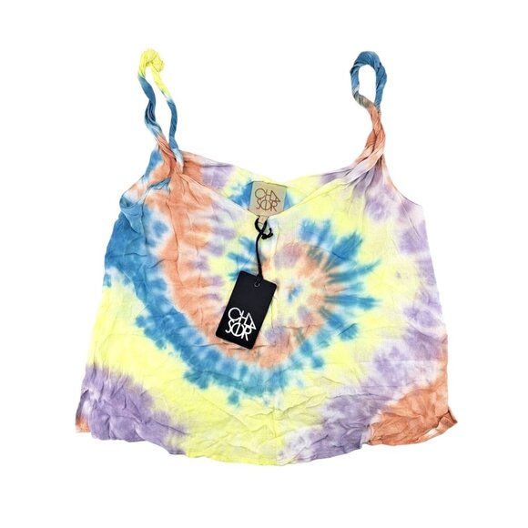 Chaser Tops - Chaser Tie-Dye Twist Strap Cropped Tank Top Women Small Blue Purple Swirl Yellow